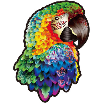 Gedetailleerde illustratie van een papegaai met levendige groene, blauwe, gele, rode en oranje veren-ideale inspiratie voor de Papegaai Houten Puzzel (A3 formaat), Kleurrijk Vogel Figuurpuzzel van SlimSpul nederland b.v.