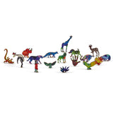Kleurrijke, handgemaakte dierenfiguurtjes en de Papegaai Houten Puzzel (A3 formaat) - Kleurrijk Vogel Figuurpuzzel van SlimSpul nederland b.v. vormen een halve cirkel. Elke dierenfiguur is versierd met artistieke patronen op een witte achtergrond.
