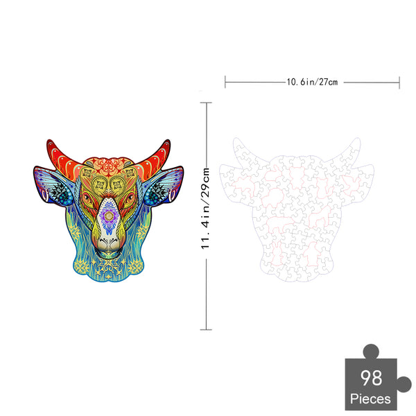 Een levendige Koe Houten Puzzel (A4 formaat) - Landelijke Boerderijdier Figuurpuzzel van SlimSpul nederland b.v. heeft naast de omtrek een stierenkop, is 29 cm hoog, 27 cm breed en bestaat uit 98 stukjes.