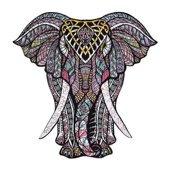 Levendige illustratie van de Grijze Olifant Houten Puzzel (A3 formaat) - Majestueus Dier Figuurpuzzel van SlimSpul nederland b.v., met roze, gele, blauwe en zwarte geometrische ontwerpen over het hoofd van de olifant.
