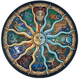 Levendige cirkel Dierenriem Houten Puzzel (A4+ of A3) van SlimSpul nederland b.v.: twaalf zodiaktekens met hun symbolen rond een zon en maan, verbonden door spiraalvormige stralen-een unieke astrologische figuurpuzzel.
