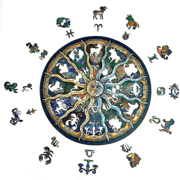 De SlimSpul nederland b.v. Dierenriem Houten Puzzel (A4+ of A3) - Astrologische Figuurpuzzel heeft ingewikkelde dierenriemontwerpen en bijpassende stukjes voor alle twaalf astrologische tekens, gerangschikt in een kleurrijke cirkel op een witte achtergrond.