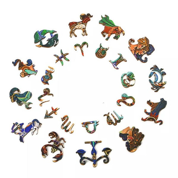 De Dierenriem Houten Puzzel (A4+ of A3) van SlimSpul nederland b.v. bevat alle twaalf astrologische symbolen met ingewikkelde patronen en dierenmotieven, gerangschikt in een kleurrijk, op de dierenriem geïnspireerd ontwerp.