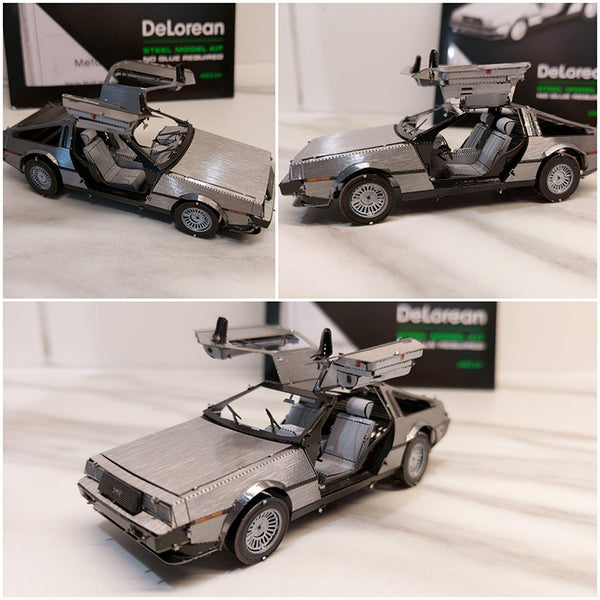 Collage van drie afbeeldingen van de SlimSpul nederland b.v. DeLorean Tijdmachine Metalen Bouwpakket | Back to the Future Auto met open vleugeldeuren, weergegeven op een licht oppervlak, en de themakist op de achtergrond.
