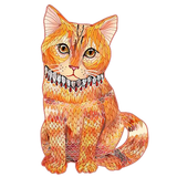 Illustratie van een oranje tabby kat met rode, oranje en roze schubachtige patronen, die een decoratieve halsband draagt. Ideaal voor de Rode Kater Houten Puzzel (A3 formaat) - Charmante Kat Figuurpuzzel van SlimSpul nederland b.v.; transparante achtergrond.