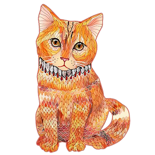Illustratie van een oranje tabby kat met rode, oranje en roze schubachtige patronen, die een decoratieve halsband draagt. Ideaal voor de Rode Kater Houten Puzzel (A3 formaat) - Charmante Kat Figuurpuzzel van SlimSpul nederland b.v.; transparante achtergrond.