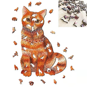 De Rode Kater Houten Puzzel (A3 formaat) - Charmante Kat Figuurpuzzel van SlimSpul nederland b.v. toont een oranje kat-vormige puzzel met dierenvormige stukjes, waarvan sommige rond de kat zweven en rechtsboven een close-up van de puzzelstukken.