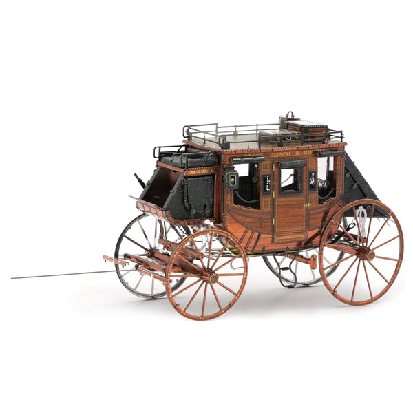 Het Postkoets Metalen Bouwpakket - Historisch Wild West Voertuig van SlimSpul nederland b.v. is een vintage postkoets modelbouwpakket met spaakwielen, zwart dak, bagagerek en gedetailleerde accenten geïnspireerd op klassieke Western voertuigen.