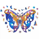 De SlimSpul nederland b.v. Blauwe Vlinder Houten Puzzel (A3 formaat) - Betoverende Figuurpuzzel heeft kleurrijke, ingewikkelde patronen en grillige figuurpuzzelvormen zoals vogels, sterren en dieren op een witte achtergrond.