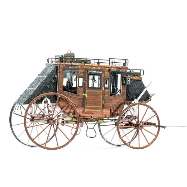 Het Postkoets Metalen Bouwpakket van SlimSpul nederland b.v. is een gedetailleerd Wild West model met grote spaakwielen, zwart dak en gele accenten. Ideaal voor liefhebbers van historische voertuigen bouwpakketten.
