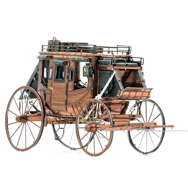 Het Postkoets Metalen Bouwpakket - Historisch Wild West Voertuig van SlimSpul nederland b.v. is een metalen model van een klassieke postkoets met grote spaken, bagagerek en ramen-ideaal voor liefhebbers van Western voertuigen.