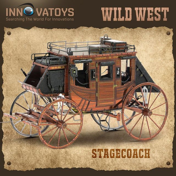 Een gedetailleerd model van het Postkoets Metalen Bouwpakket - Historisch Wild West Voertuig van SlimSpul nederland b.v. met grote wielen op een getextureerde achtergrond-een perfect bouwpakket voor fans van klassieke voertuigen.