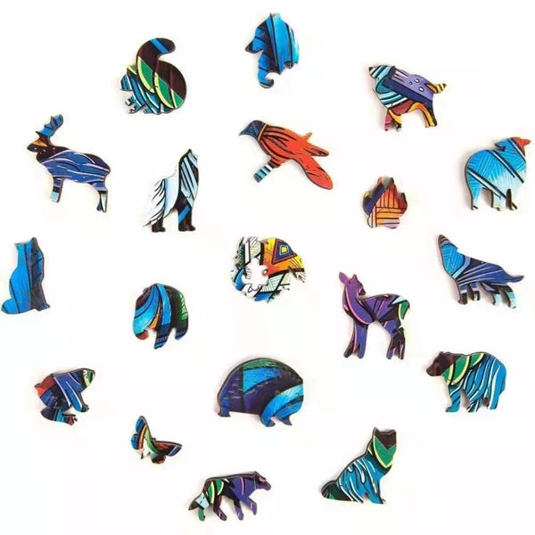 De Wolf Houten Figuurpuzzel (A3) van SlimSpul nederland b.v. bevat kleurrijke, abstract versierde dierenstukjes zoals een wolf, bier en vogel-een uniek cadeau voor wolfliefhebbers.