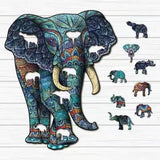 De Blauwe Olifant Houten Puzzel (A3 formaat) - Artistiek Dier Figuurpuzzel van SlimSpul nederland b.v. heeft kleurrijke patronen en bevat diverse kleine dierenfiguren, waaronder olifanten, op een witte houten achtergrond.