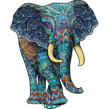 De Blauwe Olifant Houten Puzzel (A3 formaat) van SlimSpul nederland b.v. is een artistieke dier figuurpuzzel met kleurrijke patronen in blauw, groen, paars en goud-een unieke aanvulling op elke puzzelcollectie.