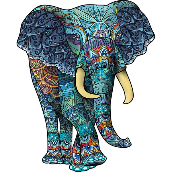 De Blauwe Olifant Houten Puzzel (A3 formaat) van SlimSpul nederland b.v. is een artistieke dier figuurpuzzel met kleurrijke patronen in blauw, groen, paars en goud-een unieke aanvulling op elke puzzelcollectie.