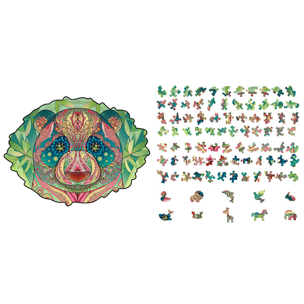 Beer Houten Puzzel (A4 formaat) - Bosdier Figuurpuzzel van SlimSpul nederland b.v.: kleurrijke puzzelstukjes rechts, een compleet kunstig berenhoofd links, met unieke dierenstukjes-perfect cadeau voor puzzelliefhebbers.
