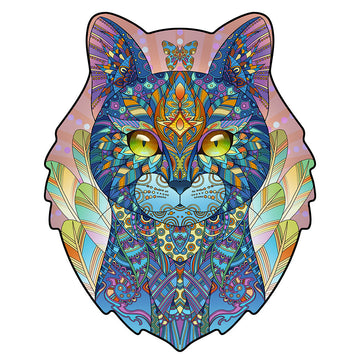 The Poes 2 Houten Puzzel (A4 formaat) van SlimSpul nederland b.v. is een sfeervolle kat figuurpuzzel met een kleurrijk, symmetrisch ontwerp - ideaal als cadeau voor poëzieliefhebbers en fans van unieke kunst.