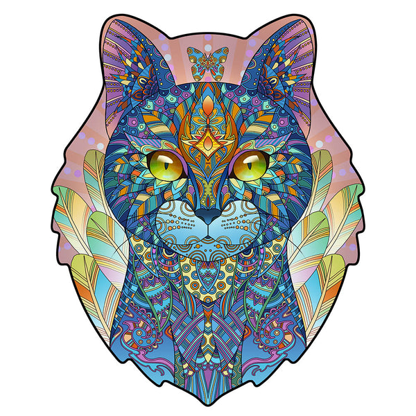 The Poes 2 Houten Puzzel (A4 formaat) van SlimSpul nederland b.v. is een sfeervolle kat figuurpuzzel met een kleurrijk, symmetrisch ontwerp - ideaal als cadeau voor poëzieliefhebbers en fans van unieke kunst.