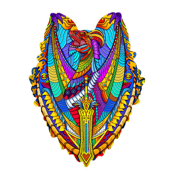 Levendige, veelkleurige illustratie van een gestileerd wolvengezicht met een gouden zwaard, een mix van tribal en fantasie - te zien op de Draak Schild Houten Puzzel (A4 formaat) van SlimSpul nederland b.v., een puzzel met mythische wapens.