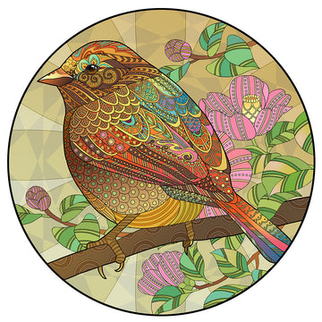 Een kleurrijke, gedetailleerde vogel op een tak met roze bloemen en groene bladeren in mandala-stijl-ideaal als cadeau voor vogelliefhebbers of inspiratie voor de Mus Houten Puzzel (A4+) van SlimSpul nederland b.v.