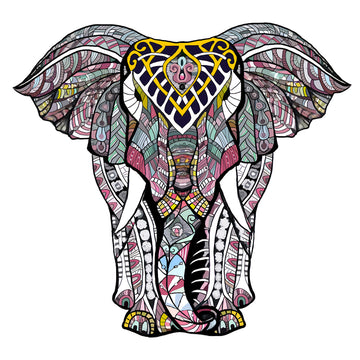Ontdek de Olifant 2 Houten Puzzel (A4 formaat) van SlimSpul nederland b.v.- een kleurrijke, abstracte olifantenpuzzel met uniek gevormde puzzelstukjes, voorzien van geometrische en veerachtige patronen in knalroze, geel, blauw, zwart en wit.