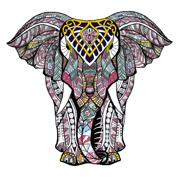 Ontdek de Olifant 2 Houten Puzzel (A4 formaat) van SlimSpul nederland b.v.- een kleurrijke, abstracte olifantenpuzzel met uniek gevormde puzzelstukjes, voorzien van geometrische en veerachtige patronen in knalroze, geel, blauw, zwart en wit.
