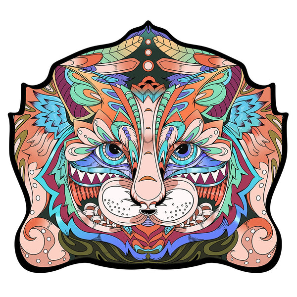 Een levendig, symmetrisch kattengezicht met gedurfde kleuren en ingewikkelde patronen siert de Kat Houten Puzzel (A4 formaat) - Elegante Huisdier Figuurpuzzel van SlimSpul nederland b.v., een perfect cadeau voor kattenliefhebbers.