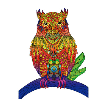 Kleurrijke zittende uil op een tak als complete houten A4-figuurpuzzel