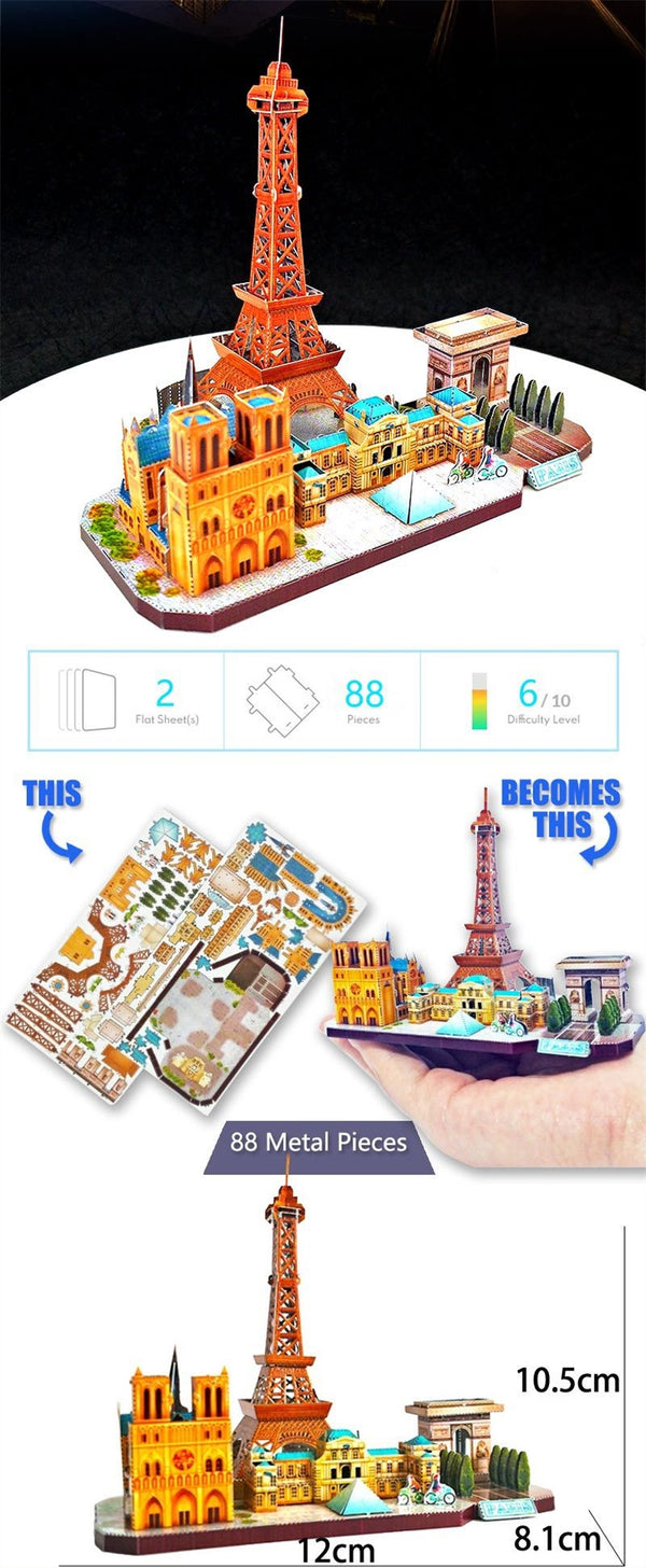 De Stadsgezichten Metalen Bouwpakket (Diverse Steden) - Architectuur Miniaturen van SlimSpul nederland b.v. bevat 88 kleurrijke metalen puzzelstukken, waaronder Eiffeltoren en Notre-Dame. Afmetingen: 10,5x12x8,1 cm. Montage-info inbegrepen.