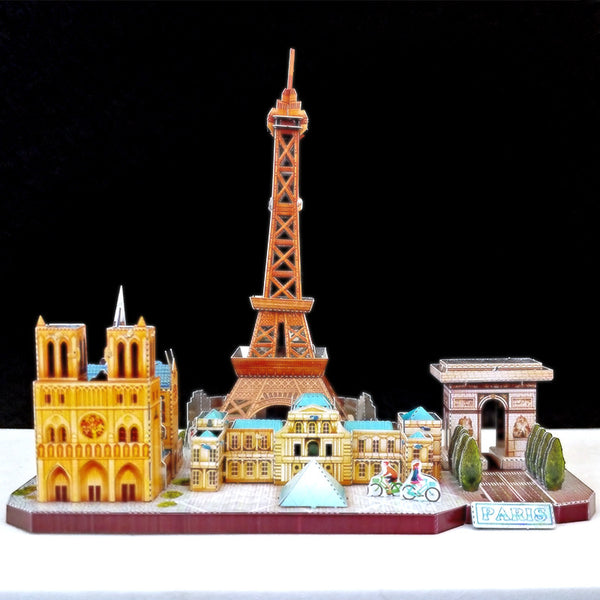 Het Stadsgezichten Metalen Bouwpakket (Diverse Steden) - Architectuur Miniaturen van SlimSpul nederland b.v. toont Parijse iconen zoals de Eiffeltoren, Notre-Dame en Arc de Triomphe-een geweldig verzamelobject voor architectuurliefhebbers!.