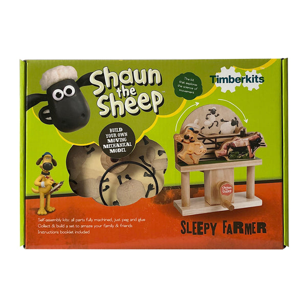 Op de doos van SlimSpul nederland b.v. Aardman Sleepy Farmer Houtconstructie - Beginnersmodel (Timberkits) staan cartoon Shaun, modelstukjes en het afgewerkte bewegende model op de voorkant - perfect als beginners bouwpakket.