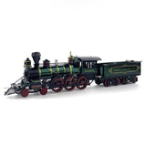 De Stoomtrein met Kolenwagon Metalen Bouwpakket van SlimSpul nederland b.v. is een gedetailleerd model in groen en zwart met rode wielen en gouden accenten. Perfect voor liefhebbers van historische treinen.