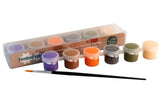 De Verfset voor Houtconstructie Kits (Timberkits) van SlimSpul nederland b.v. bevat zeven kleine gekleurde verfpotjes en een dunne kwast in een gemerkte doos - ideaal voor houtmodellen met klassieke of speciale acrylverf.