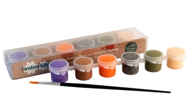 De Verfset voor Houtconstructie Kits (Timberkits) van SlimSpul nederland b.v. bevat zeven kleine gekleurde verfpotjes en een dunne kwast in een gemerkte doos - ideaal voor houtmodellen met klassieke of speciale acrylverf.