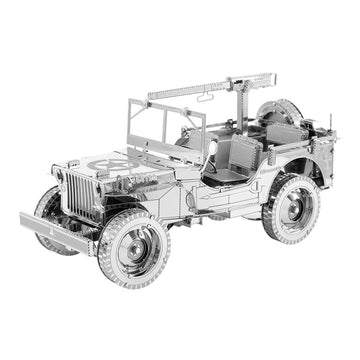 Zilverkleurig Willys Jeep metalen bouwpakket schuin van voren met open cabine en reservewiel