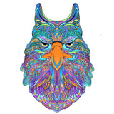 De Arend Houten Puzzel (A4 formaat) - Majestueuze Roofvogel Figuurpuzzel van SlimSpul nederland b.v. is versierd met een levendige uilenillustratie in blauw, oranje, paars en groen, perfect voor op een witte achtergrond.