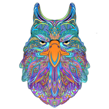 De Arend Houten Puzzel (A4 formaat) - Majestueuze Roofvogel Figuurpuzzel van SlimSpul nederland b.v. is versierd met een levendige uilenillustratie in blauw, oranje, paars en groen, perfect voor op een witte achtergrond.