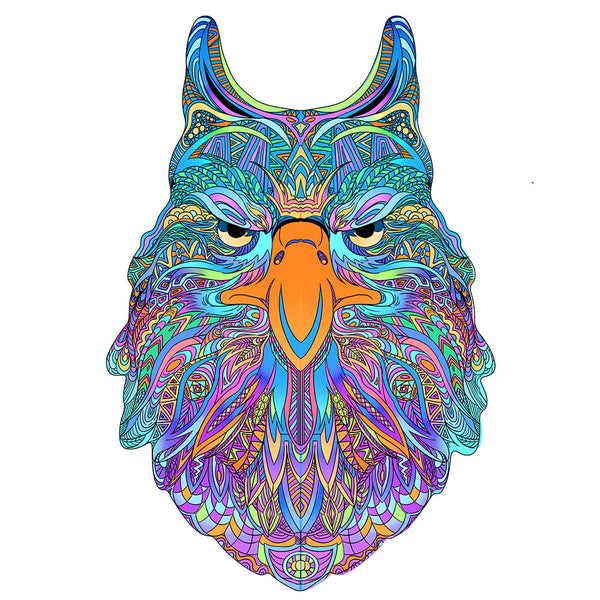 De Arend Houten Puzzel (A4 formaat) - Majestueuze Roofvogel Figuurpuzzel van SlimSpul nederland b.v. is versierd met een levendige uilenillustratie in blauw, oranje, paars en groen, perfect voor op een witte achtergrond.