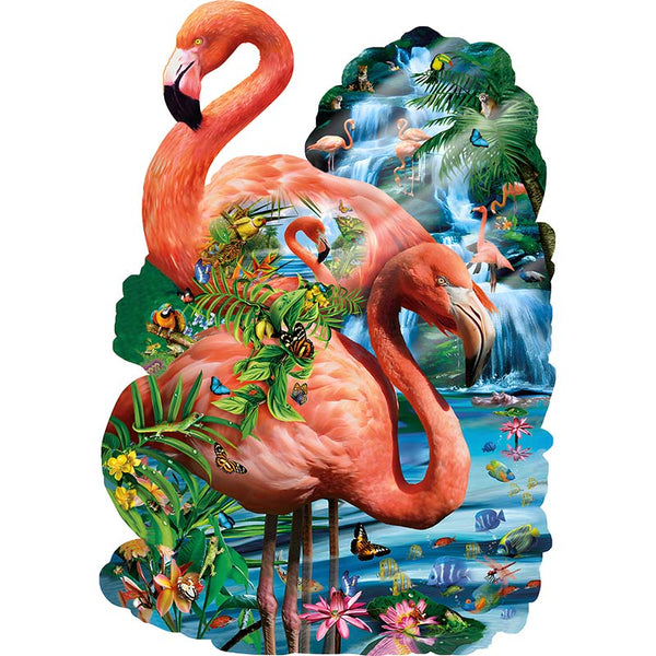 Twee flamingo's in tropisch decor met bloemen en vlinders sieren deze Flamingo's Houten Puzzel (A3 formaat) - Tropische Vogel Figuurpuzzel van SlimSpul nederland b.v., met uniek gevormde stukjes voor een kleurrijke legpuzzelervaring.
