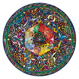 De Mandala Houten Puzzel (A3, 3 Designs) van SlimSpul nederland b.v. is een kleurrijke, ronde boeddhistische figuurpuzzel met gedetailleerde patronen-ideaal als mindfulness cadeau op een witte achtergrond.