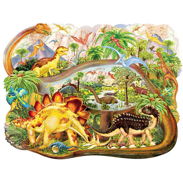 Kleurrijke illustratie van dinosaurussen op een prehistorisch landschap, ideaal als educatieve puzzel. De Dinosaurussen Houten Puzzel (A3 formaat) van SlimSpul nederland b.v. is het perfecte cadeau voor dinosaurusfans!.