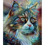 Een dromerig digitaal versterkt portret van een pluizige kat met groene ogen en een roze neus, in levendige abstracte wervelingen - ideaal voor de Iriserende Kat Houten Puzzel (A3, 3 Designs) - Kleurrijke Figuurpuzzel van SlimSpul nederland b.v.