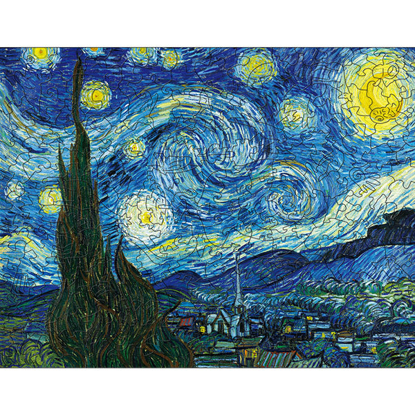 Breng Van Goghs Sterrennacht tot leven met SlimSpul nederland b.v.'s A3 houten figuurpuzzel-een meesterwerk voor elke kunst- of puzzelliefhebber!.