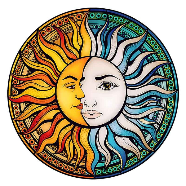 De Zon & Maan Houten Puzzel (A3 formaat) - Hemelse Figuurpuzzel van SlimSpul nederland b.v. toont een kleurrijk, gedetailleerd zon-en-maan gezicht met sierlijke rand-een unieke legpuzzel voor puzzelliefhebbers.