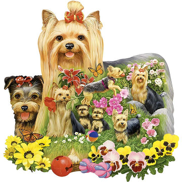 Illustratie van Yorkshire Terriërs met bloemen en speelgoed, één met rode strik. Perfect als SlimSpul nederland b.v. Yorkshire Terriër Houten Puzzel (A3) - Schattige Hond Figuurpuzzel of cadeau voor kleine hondenliefhebbers!.