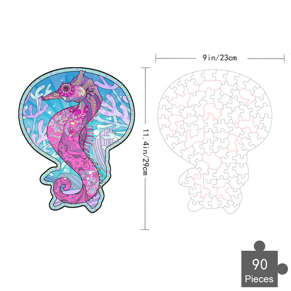De Zeepaardje Houten Puzzel (A4 formaat) van SlimSpul nederland b.v. is een 90-delige maritieme puzzel met unieke schelpvormige stukjes, een roze zeepaardje en oceaanplanten op blauwe achtergrond. Formaat: 29x23 cm.