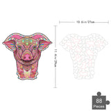 De Varken Houten Puzzel (A4 formaat) van SlimSpul nederland b.v. is een kleurrijke boerderijdier figuurpuzzel in de vorm van een varkensgezicht, met 88 stukjes en ingewikkelde patronen. Afmetingen 10,6 x 11,4 inch; puzzel schets rechts.