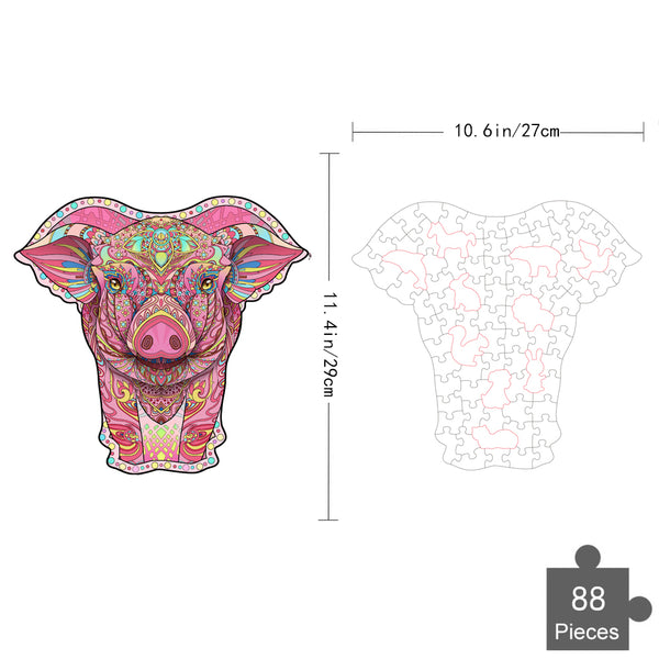 De Varken Houten Puzzel (A4 formaat) van SlimSpul nederland b.v. is een kleurrijke boerderijdier figuurpuzzel in de vorm van een varkensgezicht, met 88 stukjes en ingewikkelde patronen. Afmetingen 10,6 x 11,4 inch; puzzel schets rechts.