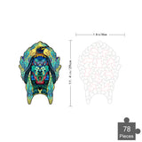Charmante Pinguïn Houten Puzzel (A4 formaat, 29 x 20 cm) van SlimSpul nederland b.v., compleet getoond links en als lijntekening met maten rechts; 78 stukjes. Leuk te combineren met een pooldieren puzzel voor dierenliefhebbers.
